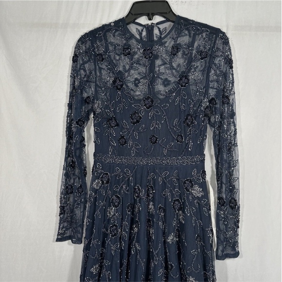 NEW $598 Mac Duggal [ 4‎ ] Beaded Floral Long Sleeve Midi Dress Navy Blue - Picture 6 of 13